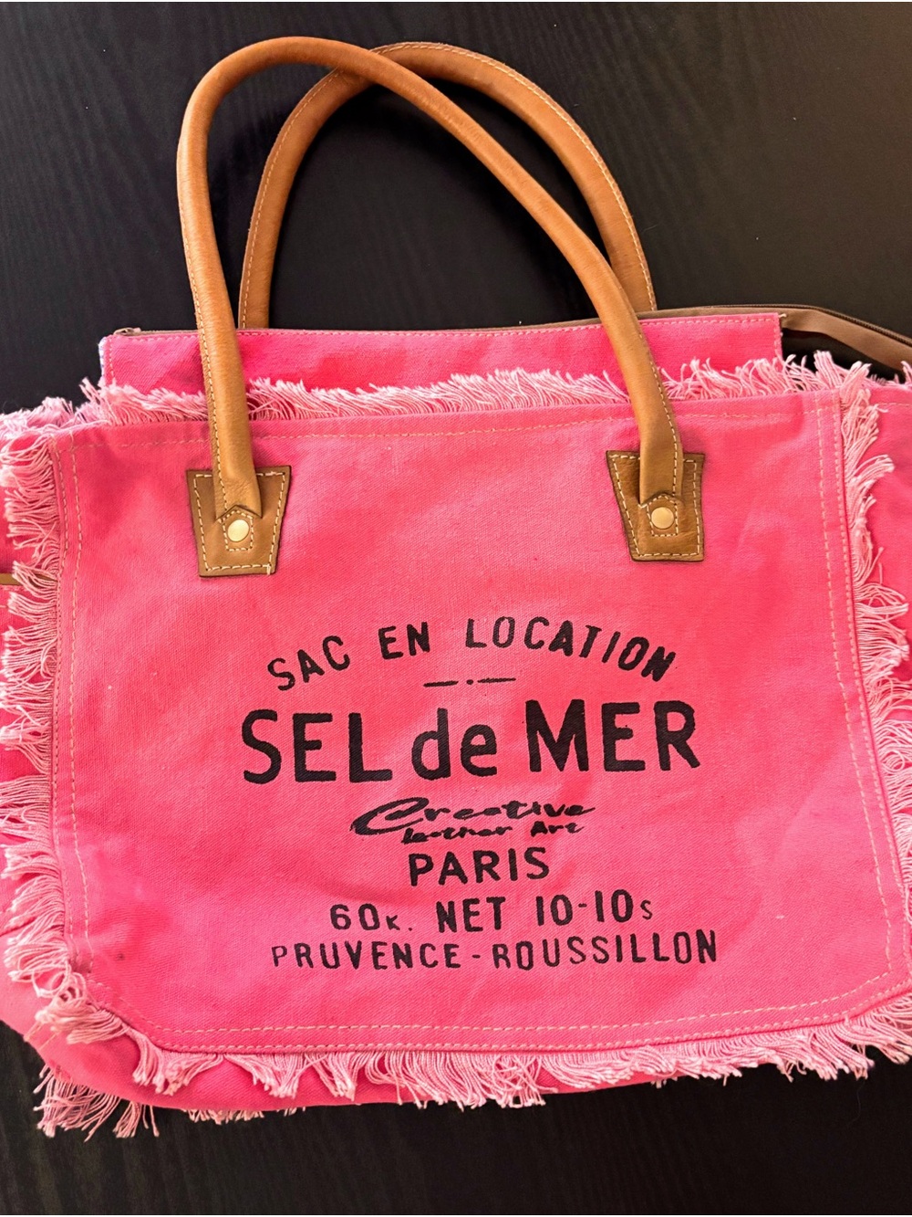 Pink Canvas Fringe Tote with Leather Handles
